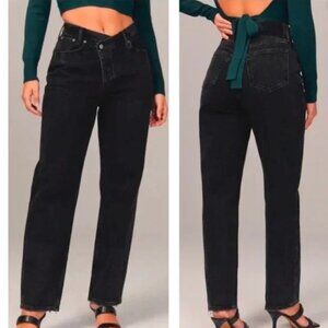 A&F Curve Love High Rise Dad Jean Black Criss-Cross Waistband 28 Long